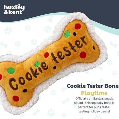 Huxley & Kent Funny Dog Toy w/Squeaker – Holiday Power Plush Squeaky Dog Toys for Small, Medium & Large Dogs – Soft Stuffed Animal for Indoor Play & Fetch - Cookie Tester Bone, Small