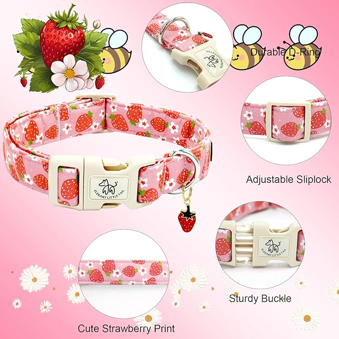 Elegant little tail Dog Collar, Strawberry Pattern Pet Collar Pink Durable Spring Female Spring Collar Adjustable Cotton Pet Collar with Quick Release Buckle for Large Dogs