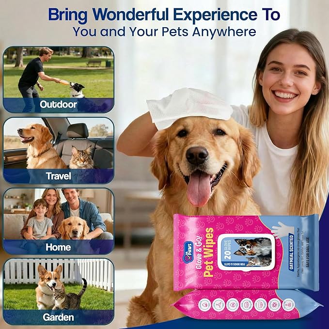 Dr. Paws Glove & Go Grooming Wipes for Dogs & Cats - Paraben Free, Alcohol Free, Lick-Safe, Hypoallergenic, Oatmeal Scented Dog Wipes for Paws and Butt, Puppy Wipes (20 Count)