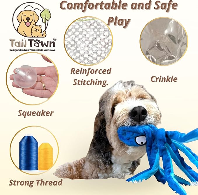 Octopus Dog Toy – Squeaky & Crinkle Plush – No Stuffing Toy for Small, Medium & Large Dogs – Interactive Pet-Safe Soft Toy for Tug, Fetch & Play – Blue– Tail Town
