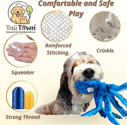 Octopus Dog Toy – Squeaky & Crinkle Plush – No Stuffing Toy for Small, Medium & Large Dogs – Interactive Pet-Safe Soft Toy for Tug, Fetch & Play – Blue– Tail Town