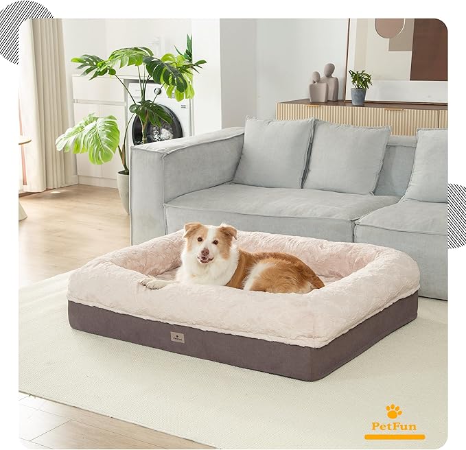 PetFun Memory Foam XL Dog Bed for XLarge Sized, Extra Large Orthopedic Dog Sofa with Sides and Waterproof Liner, Washable Bolster Pet Bed Couch with Removable Cover, 60x43x13 Inch, Khaki