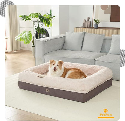 PetFun Memory Foam XL Dog Bed for XLarge Sized, Extra Large Orthopedic Dog Sofa with Sides and Waterproof Liner, Washable Bolster Pet Bed Couch with Removable Cover, 60x43x13 Inch, Khaki