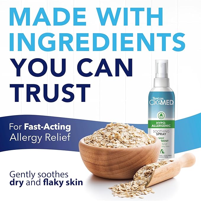 TropiClean OxyMed Hypoallergenic Hot Spot Treatment for Dogs, Dog Allergy Relief Spray, Gently Soothes Skin Irritation, Helps Alleviate Scratching, Chewing & Licking, Safe for Cats, 8oz.