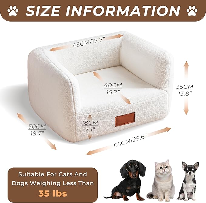 ATJafurn White Faux Shearling Dog Couch Bed for Small Dogs Cats Under 35 lbs, 25.6 Inch Modern Elevated Cat Sofa with Leather Nameplate, Indoor Furniture Style Cute Raised Pet Sofa Bed (Small)