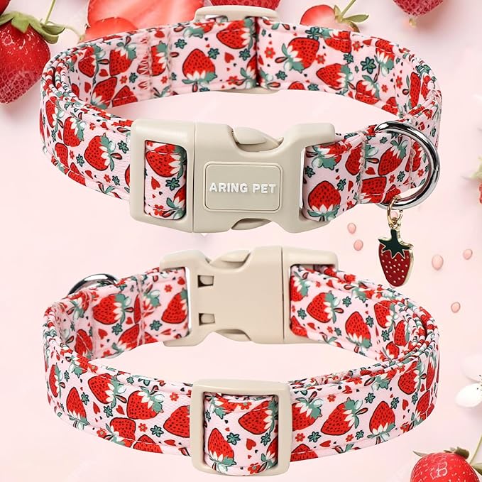 ARING PET Strawberry Dog Collar, Cute Summer Pink Pet Collars with Quick Release Buckle for Puppy Small Medium Large Boy Girl Dogs-S