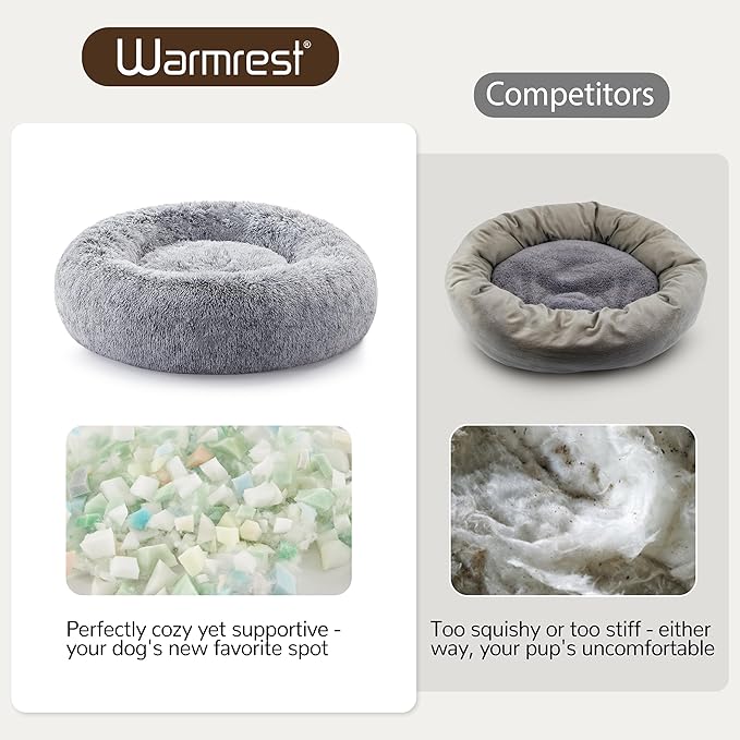 Warmrest Donut Dog Bed Medium Size Dog 30 Inch, Round Cat Beds for Small Medium Dogs and Cats with Washable Fluffy Faux Fur, Cute Comfort Pet Bed with Anti-Slip Bottom, Grey