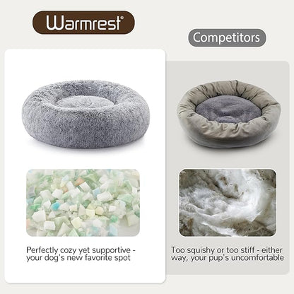 Warmrest Donut Dog Bed Medium Size Dog 30 Inch, Round Cat Beds for Small Medium Dogs and Cats with Washable Fluffy Faux Fur, Cute Comfort Pet Bed with Anti-Slip Bottom, Grey