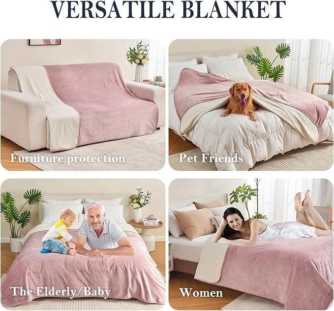 Yaning Waterproof Blanket 80"x90" for Adults, Reversible Waterproof Bed Cover for Dogs Cats Pets, Soft Leakproof Blanket for Bed Couch Sofa Furniture Protector, Dusty Pink/Off White