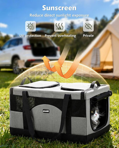 Pecute Large Cat Carrier for 2 Cats Built-in Steel Frame & Removable Divider,Pet Carrier for Car Travel,Foldable Dog Crate,Soft Double Cat Crate with Breathable Mesh,Vet,Gray