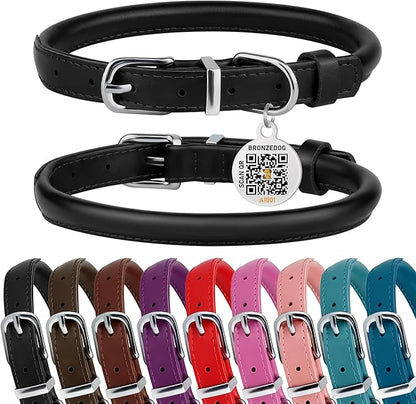 BRONZEDOG Rolled Leather Dog Collar for Small Medium Large Dogs with QR ID Tag (L: 16-18 Inch, Glossy Black)