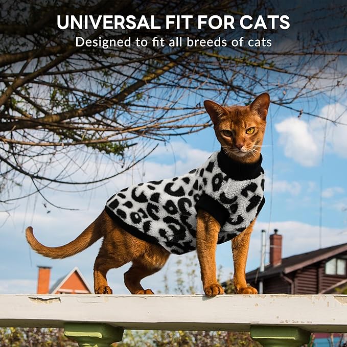 PUMYPOREITY Cozy Fleece Cat Sweater - Stretchy & Warm Knitted Cat Shirt, Super Soft Kitten Sweater, Machine Washable Pet Clothing for Comfort & Style, Black Leopard, XS
