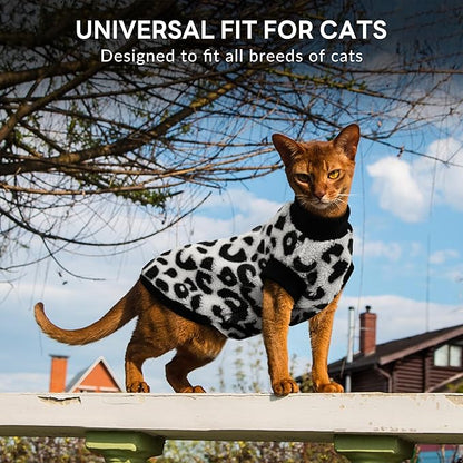 PUMYPOREITY Winter Warm Cat Sweater with Stretch Ribbed Collar & Cuffs, Snug & Secure Fit with Soft Plush Fleece, Easy-On Cat Sweatshirt for Indoor/Outdoor Use,Black Leopard, M