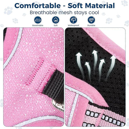 Funfox Dog Harness Medium No Pull, Adjustable 2 Clips Anti-Pull Vest with Practical Handle, Breathable Padded Pet Harness Designed for Small/Large Breeds, Reflective Training Walking Pink M