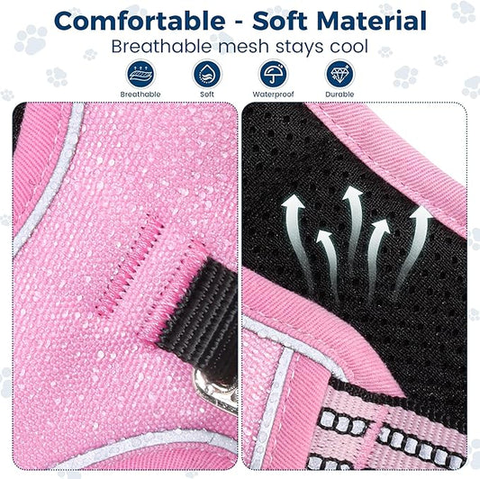 Funfox Dog Harness Medium No Pull, Adjustable 2 Clips Anti-Pull Vest with Practical Handle, Breathable Padded Pet Harness Designed for Small/Large Breeds, Reflective Training Walking Pink M
