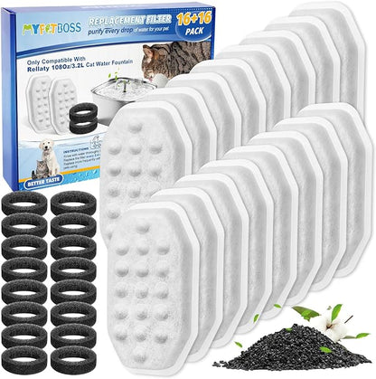 MyfatBOSS 16+16 Pack Pet Water Fountain Filter Compatible with Rellaty & Fit for Neareal 108oz/3.2L Automatic Dog Water Dispenser, Cat Filters for Fountain Cat Bowl