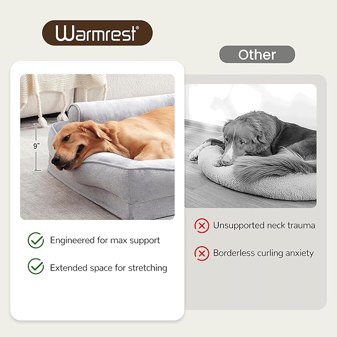 Warmrest Orthopedic Dog Beds for Large Dogs, Waterproof XL Pet Couch Bed with Soft Sides, Washable Dog Sofa with Flannel Removable Cover, 42" L Supportive Egg-Crate Foam Pet Sofa, Light Grey