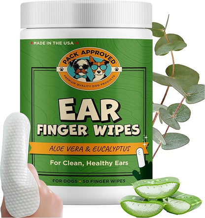 Pack Approved Finger Ear Wipes for Dogs with Aloe Vera and Eucalyptus - Convenient, Extra-Coverage, and Large Design Dog Ear Cleaning Wipes - Removes Wax and Freshens Ears - 50 Wipes