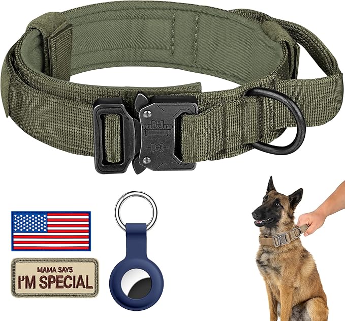 DAGANXI Tactical Dog Collar, Adjustable Military Training Nylon Dog Collar with Control Handle and Heavy Metal Buckle for Medium and Large Dogs, with Patches and Airtags Case (M, Green)