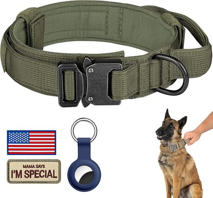 DAGANXI Tactical Dog Collar, Adjustable Military Training Nylon Dog Collar with Control Handle and Heavy Metal Buckle for Medium and Large Dogs, with Patches and Airtags Case (L, Green)