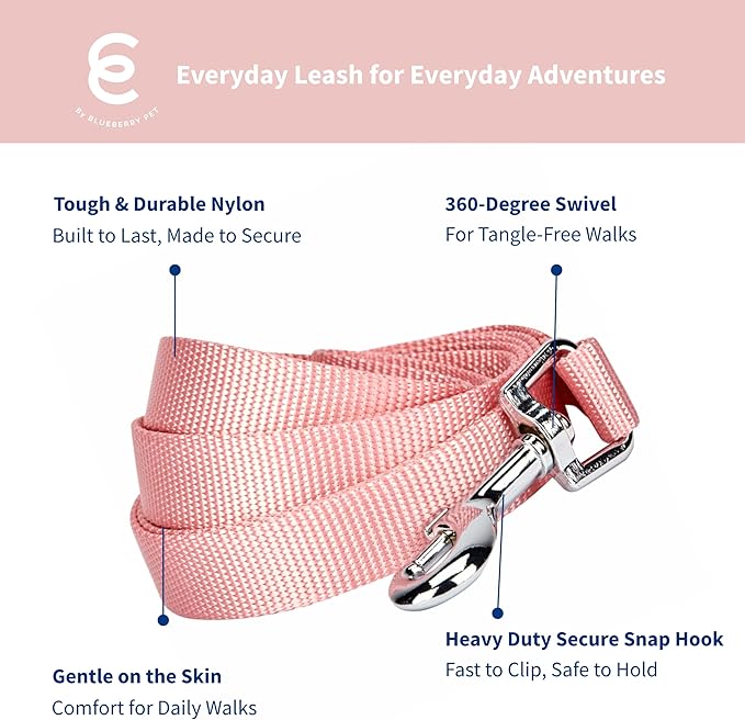 Blueberry Pet Essentials Baby Pink Dog Leash for Large - 4' * 1" Dogs | Heavy Duty Nylon Lead | Lightweight Puppy & Cat Leash for Walking & Training