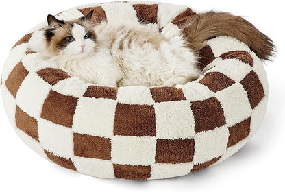 LE SURE Donut Cat Beds for Indoor Cats - Gift for Pets with Washable Cover, Cute Modern Puppy Beds with Jacquard Shaggy Plush & Anti Slip Bottom, 20 Inch, Brown