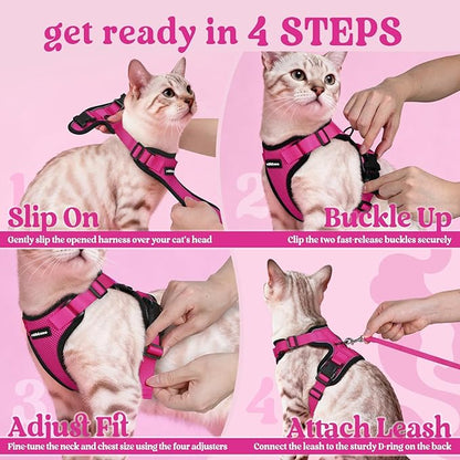 rabbitgoo Cat Harness and Leash for Walking, Escape Proof Soft Adjustable Vest Harnesses for Cats, Easy Control Breathable Reflective Strips Jacket, Rose Red, M