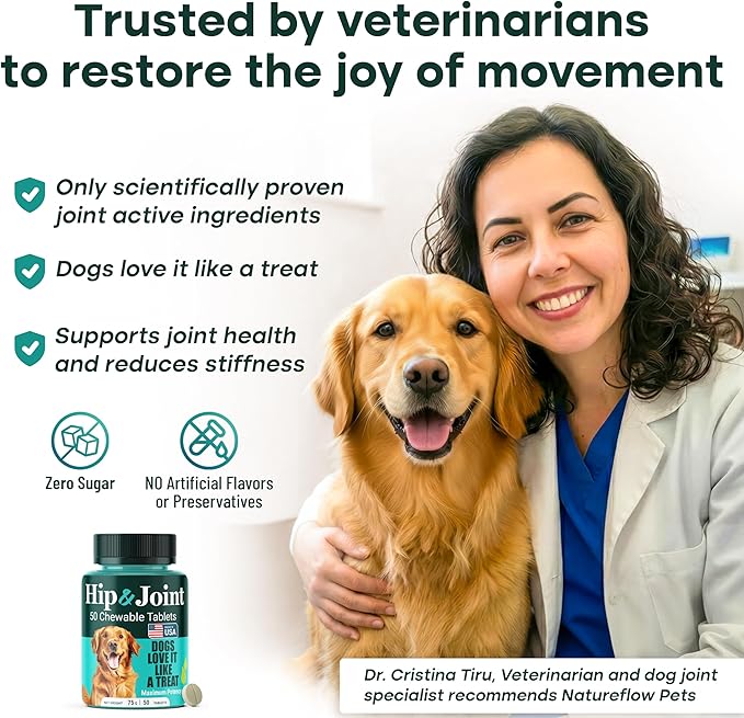 Natureflow Hip and Joint Supplement for Dogs, Advanced Dog Joint Supplement with Green-Lipped Mussel, Glucosamine, MSM & Chondroitin, Zero Sugar Chewable Pills, Made in USA, Large Medium Small Breeds