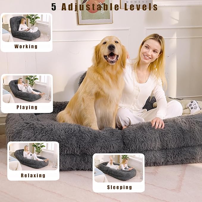 KEIKI 69" Human Dog Bed for Adults, Giant Plush Faux Fur Dog Bed with Adjustable Recliner, Foldable Nest Sofa Couch with Pillows for Bedroom or Living Room, Dark Gray
