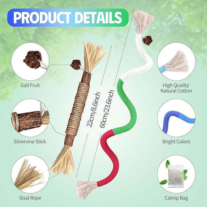GBSYU Cat Toys Chew Rope & Silvervine Sticks for Bored Indoor Adult Cats, 4Pcs Interactive Catnip Toys for Cats with Refillable Natural Catnip Bag for Teeth Cleaning