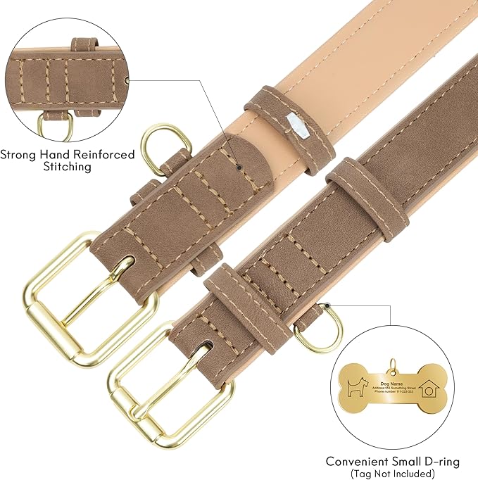 Leather Dog Collar for Small Dogs, Soft Padded Dog Leather Collar with Heavy Duty Gold Buckle, Durable & Comfortable, Brown, S