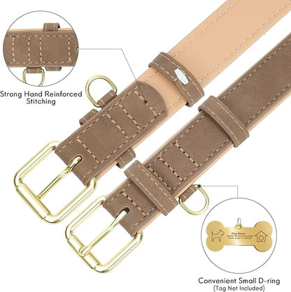Leather Dog Collar for Small Medium Large Dogs, Soft Padded Dog Leather Collar with Heavy Duty Gold Buckle, Durable & Comfortable for Medium Dogs Daily Walking (Light Brown, M)