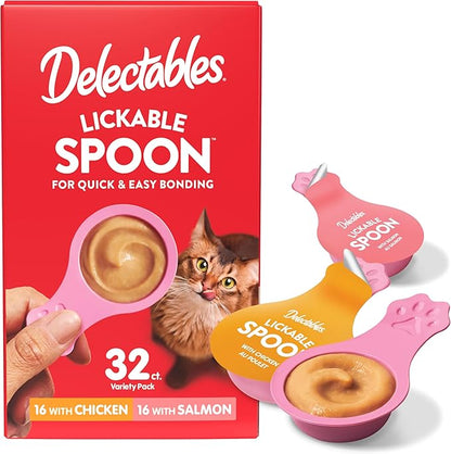 Delectables Lickable Spoon Handheld Wet Cat Treats Made with Real Chicken & Salmon, Quick & Easy Creamy Puree, Mess Free, Grain-Free, No Added Fillers, No by-Products, Variety Pack, 32ct