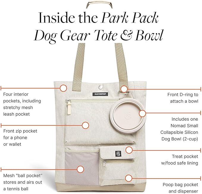 Cleverpup Park Pack 2-Piece Set Dog Gear Tote – Dog Travel Bag with 8 Pockets, Treat Pouch, Poop Bag Dispenser, Quick-Dry Ball Pocket, Collapsible Bowl, Perfect for Walks & Park Trips, Sand