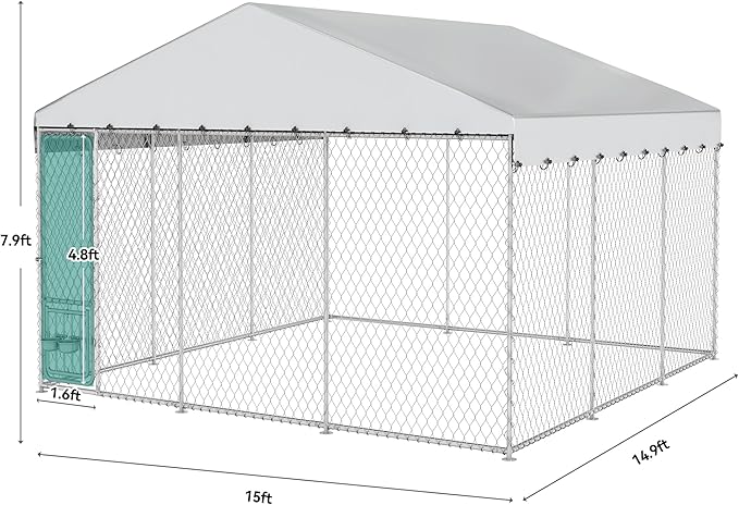 YITAHOME Outdoor Dog Kennel with Rotating Feeder Bowls & UV-Resistant Waterproof Cover, 14.8×14.8×7.9FT Outside Dog Enclosure for Yard, Heavy Duty Dogs Cage for Medium Large Dogs