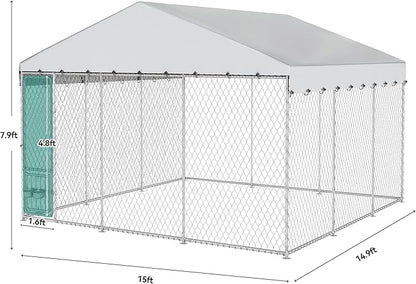 YITAHOME Outdoor Dog Kennel with Rotating Feeder Bowls & UV-Resistant Waterproof Cover, 14.8×14.8×7.9FT Outside Dog Enclosure for Yard, Heavy Duty Dogs Cage for Medium Large Dogs
