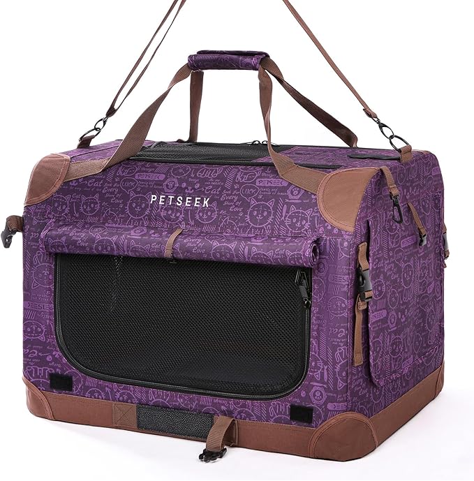 Petseek Extra Large Cat Carrier Soft Sided, Portable Small Dog Carrier for 2 Cats, 24"x16.5"x16" Car Travel Folding Comfortable Design, Purple