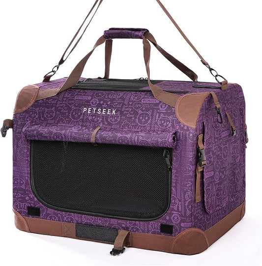 Petseek Extra Large Cat Carrier Soft Sided, Portable Small Dog Carrier for 2 Cats, 24"x16.5"x16" Car Travel Folding Comfortable Design, Purple