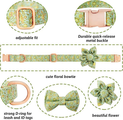Dog Collar and Leash Set Girls Adjustable Puppy Collars with Planet Bow Tie for Small Medium Large Female Dogs, Green Planet, L