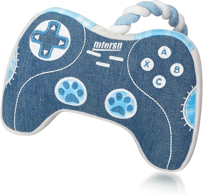 MTERSN Dog Squeaky Toys : Cute Plush Dog Toy with 3 Squeakers and Interactive Dogs Rope Toy with Full Crinkle Paper - Funny Game Controller Shaped Pet Toys for Puppy, Small, Medium Dogs (Denim)