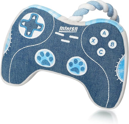 MTERSN Dog Squeaky Toys : Cute Plush Dog Toy with 3 Squeakers and Interactive Dogs Rope Toy with Full Crinkle Paper - Funny Game Controller Shaped Pet Toys for Puppy, Small, Medium Dogs (Denim)