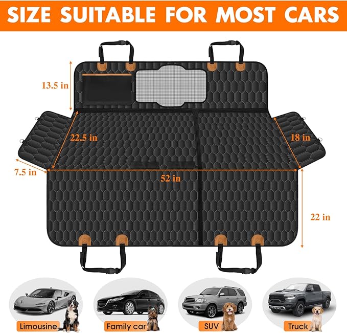 NECKORY Dog Back Seat Cover, Waterproof Scratch Proof Nonslip Dog Hammock for Car, Car Seat Cover for Back Seat with Sanitary Pad Mesh & Pocket for Cars SUVs and Trucks - S, Black/Orange