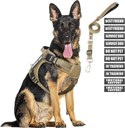 MOOGROU Tactical Dog Harness and Leash Set for Large Dogs,Heavy Duty No Pull Service Dog Vest and 10 Patches with Dog Seat Belt,Reflective Adjustable Pet Harness for Training Walking Hiking Brown XL