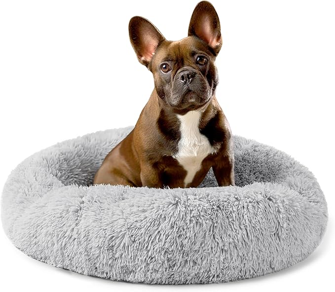 PetAmi Calming Dog Bed for Small & Medium Dogs and Cats, 23” Round Donut Dog Bed, Washable Fluffy Faux Fur Puppy & Cat Bed, Anti-Anxiety Plush Cuddler Pet Bed with Anti-Slip Bottom - Light Gray