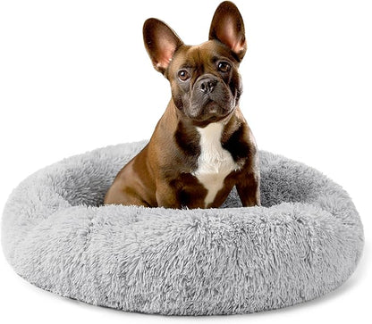 PetAmi Calming Dog Bed for Small & Medium Dogs and Cats, 23” Round Donut Dog Bed, Washable Fluffy Faux Fur Puppy & Cat Bed, Anti-Anxiety Plush Cuddler Pet Bed with Anti-Slip Bottom - Light Gray