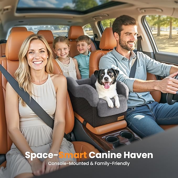 Mavora Max Portable Small Dog Seat for Car, Luxury Center Console Dog Car Seat Booster with Safety Tethers, Anti-Collapse Pet Travel Carseat for SUV, Truck (Black/Grey)