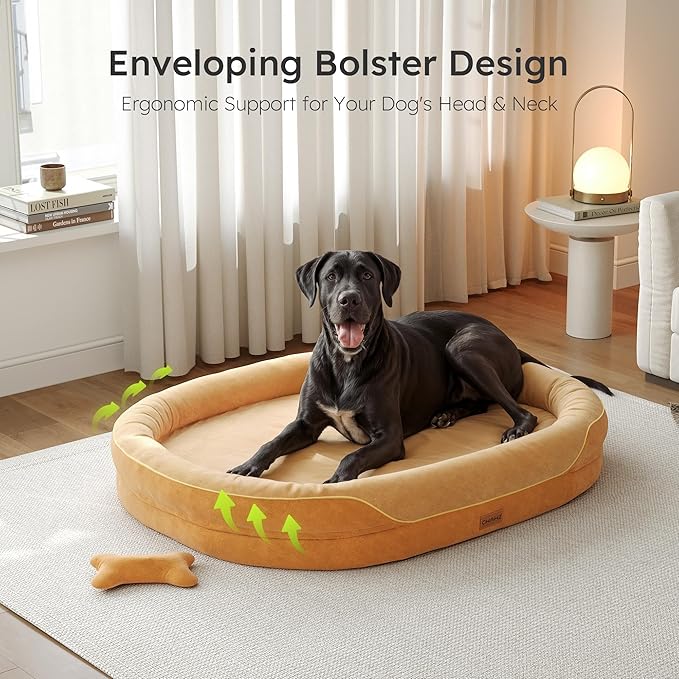 CWAWZ XXL Orthopedic Dog Bed, 53 in. Dog Bed for Large Sized Dogs with Full-Surround Bolsters, Dual-Sided Dog Cooling Beds with Memory Foam, Washable Pet Sofa Couch with Nonslip Bottom, Brown