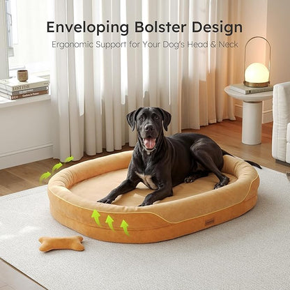 CWAWZ XXL Orthopedic Dog Bed, 53 in. Dog Bed for Large Sized Dogs with Full-Surround Bolsters, Dual-Sided Dog Cooling Beds with Memory Foam, Washable Pet Sofa Couch with Nonslip Bottom, Brown