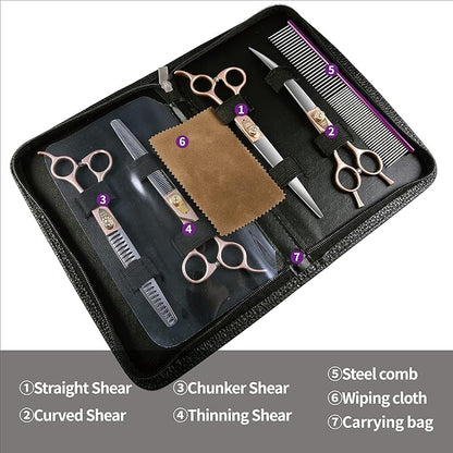 Fenice Peak 7.5‘’ Professional Dog Grooming Scissors Set Rose Gold 440C Stainless Steel Straight Thinning Curved Chunker Shears 4pcs Set for Pet Grooming Services Dogs and Cats