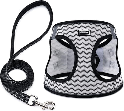 BOOMIBOO Dog Harness with Leash Set, No Pull Adjustable Reflective Step-in Puppy Pet Vest Harnesses for Small Medium Large Dogs and Cats,White Stripe L